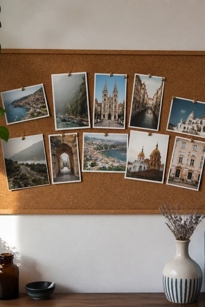 Vision board with thrifted postcards pinned neatly with small corner tacks