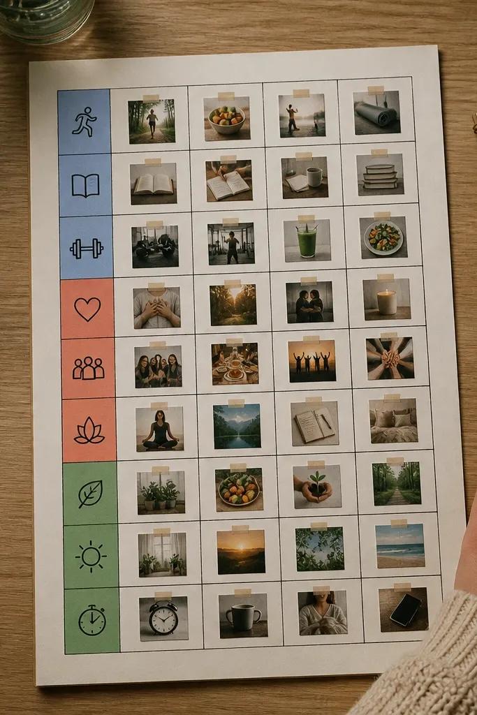 Vision board with a color-coded habit tracker grid and small icons in each section