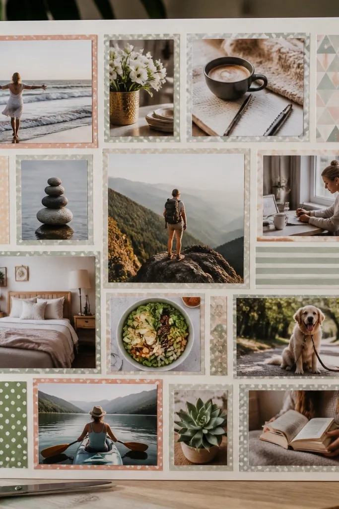 Vision board with patterned paper frames around small thumbnail photos