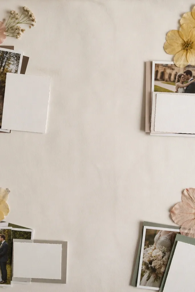 Vision board with pressed flower accents in corners and clean clusters