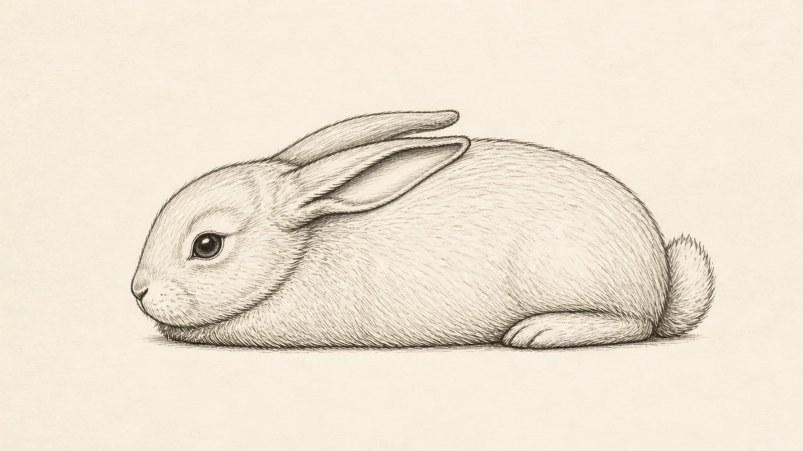 A bunny resting flat with paws tucked into a loaf shape