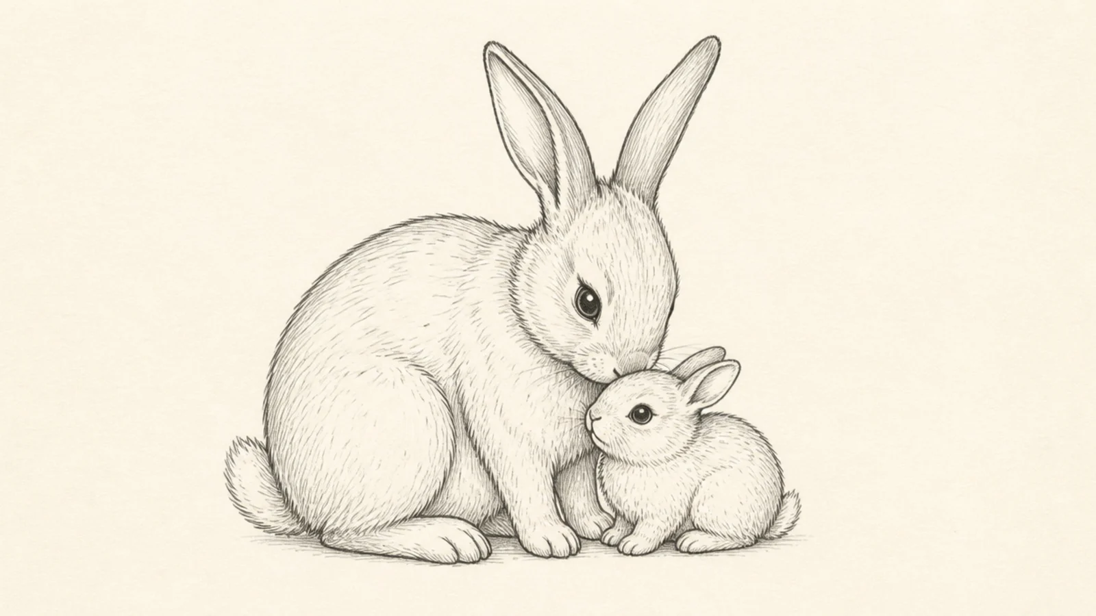 A large bunny beside a tiny baby bunny