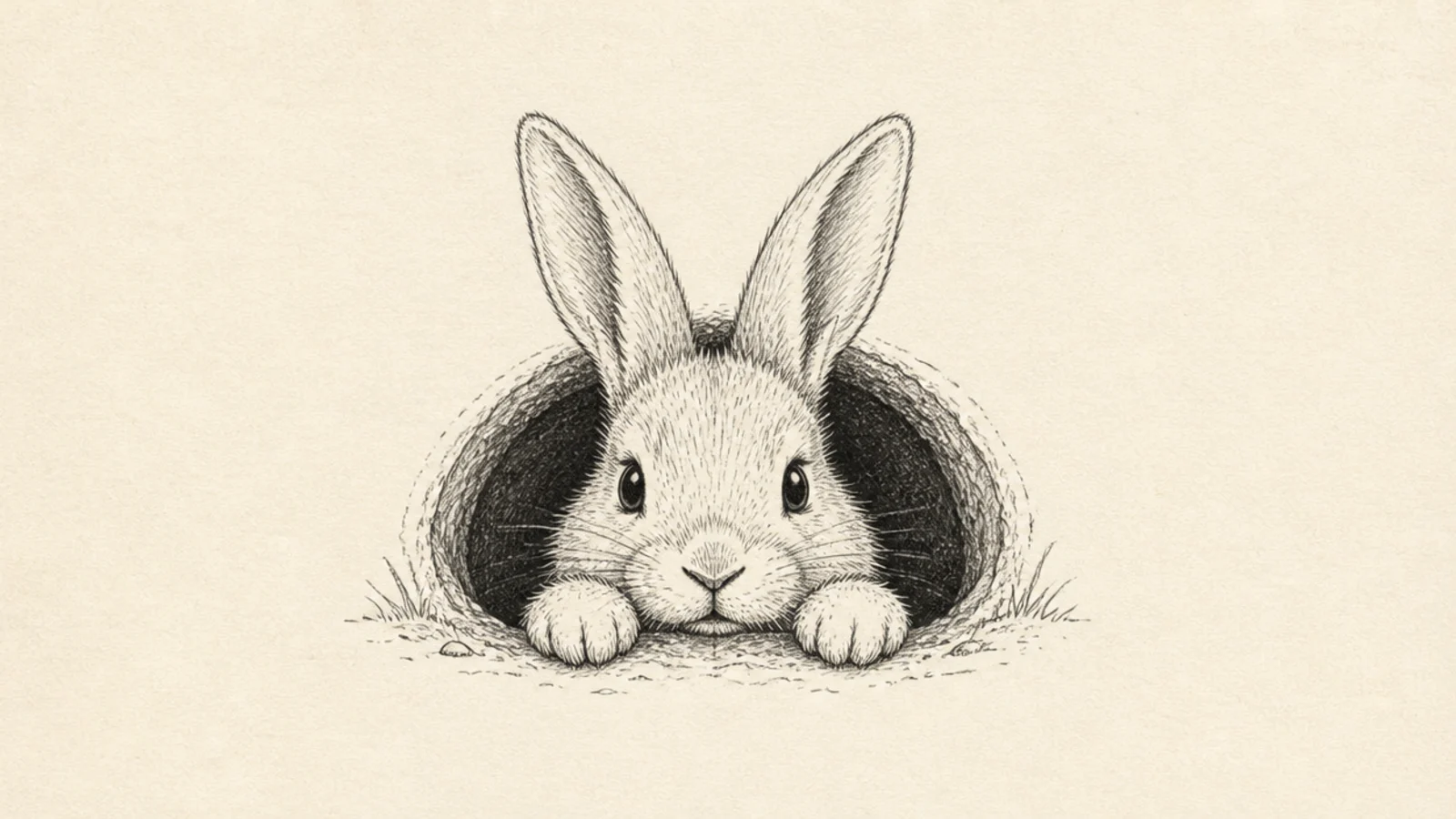 A bunny poking its head out of a burrow hole
