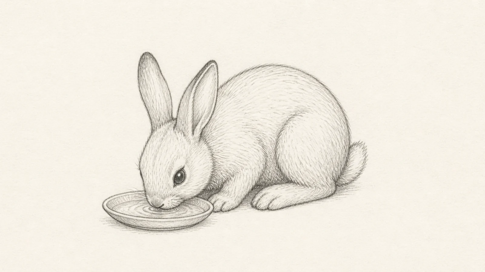 A bunny lowering its head to drink from a small dish