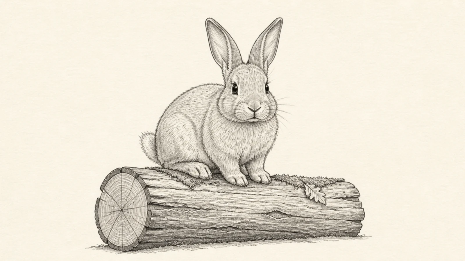 A bunny perched on a fallen log outdoors