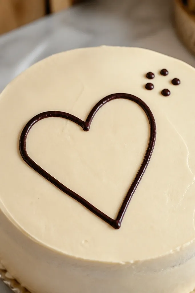 A simple heart outline with six small dots around it on a smooth cake top