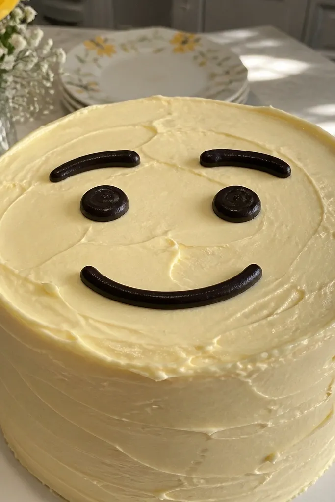 A simple smiling face with two eyebrows and dot eyes drawn on frosting