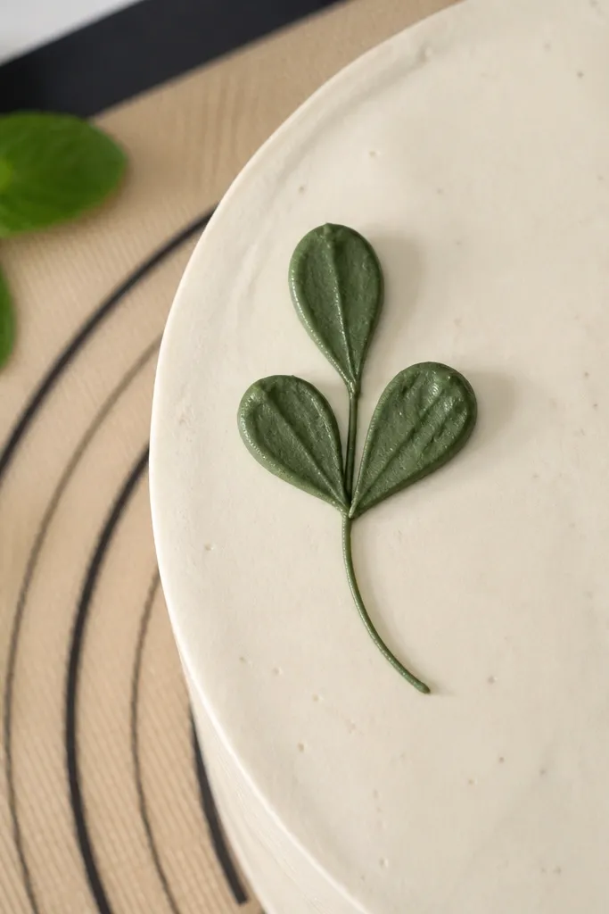 A leaf sprig made of three teardrop shapes connected by a thin stem on frosting