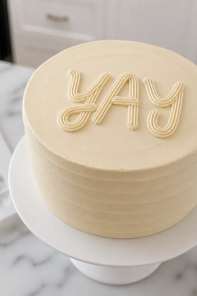 A short word drawn in simple script letters using a stencil strip on frosting
