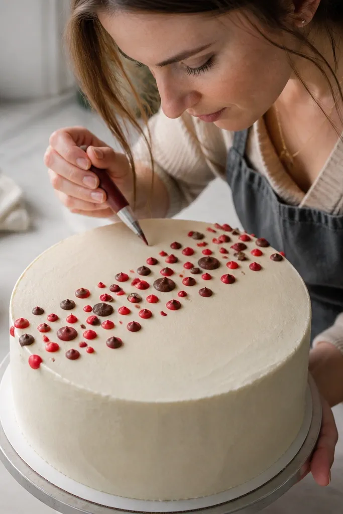 A diagonal band of multicolored dots across a smooth cake top