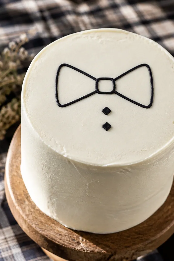 A bowtie outline with two small diamond shapes near the knot on cake frosting