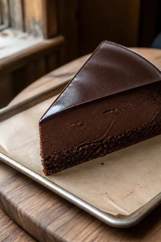 Chocolate cake slice with shiny ganache edge and deep shadow under the wedge