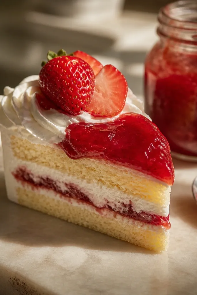 Strawberry shortcake slice with pink filling and tiny seed-like speckles