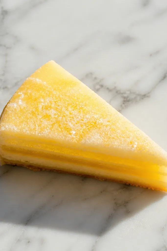 Lemon curd cake slice with bright yellow filling and tiny sugar sparkles