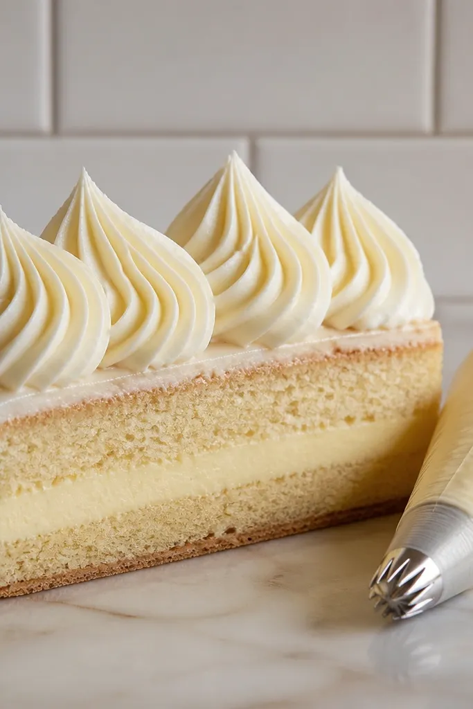 Vanilla slice with cream frosting swirls and soft shadow under the wedge