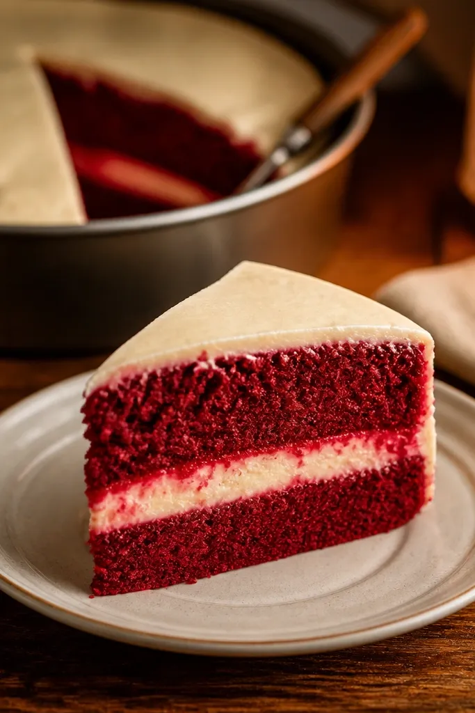 Red velvet slice with a thick cream cheese layer and dark red crumb