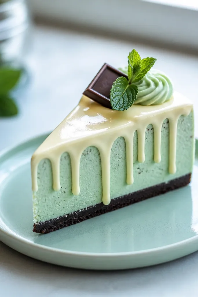 Mint green cake slice with white chocolate drips on the top frosting