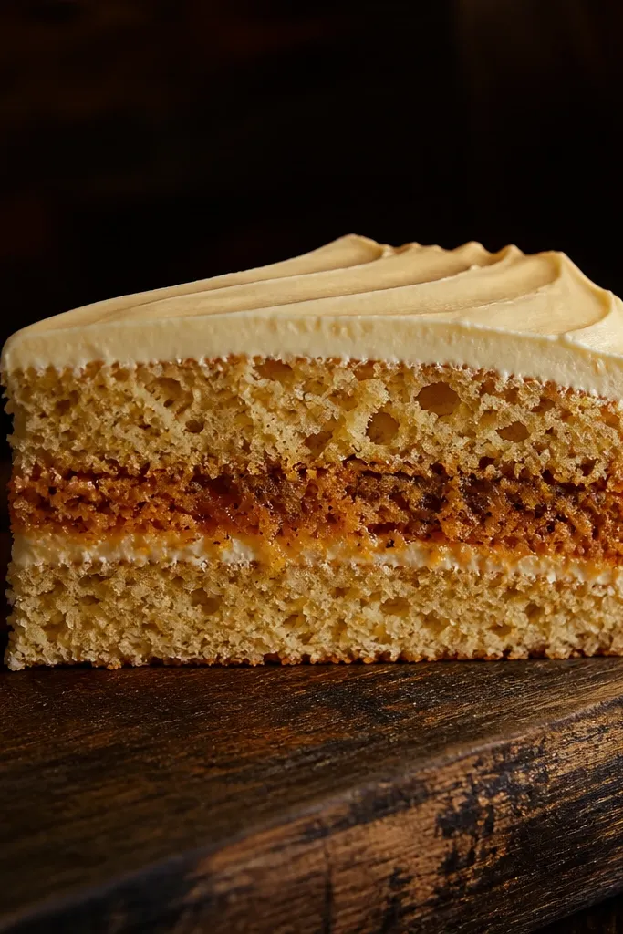 Carrot cake slice with orange filling specks and cream frosting