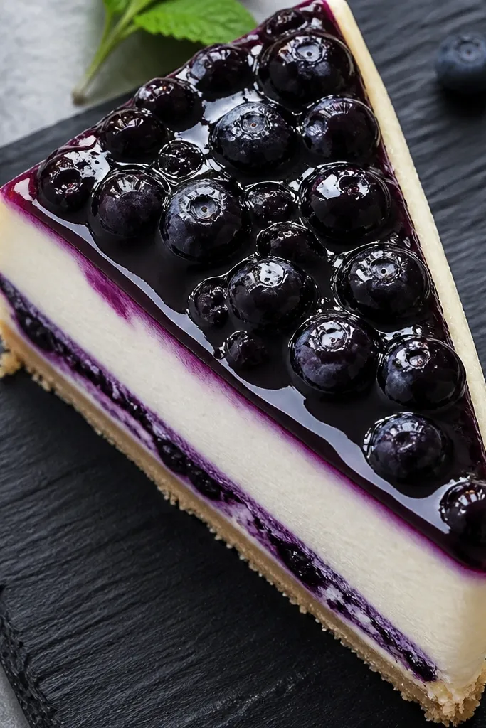 Cheesecake slice with blue berry layer and glossy shine highlight