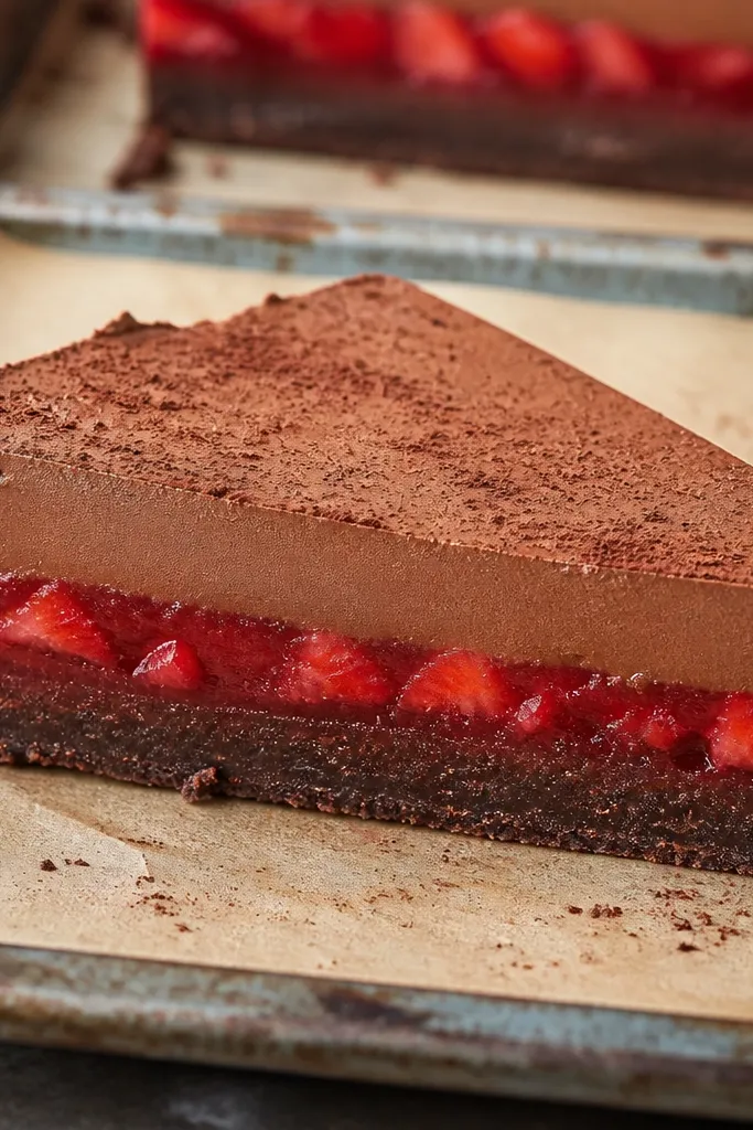 Chocolate slice with strawberry filling and light cacao dust texture on top