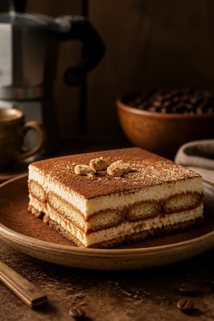 Tiramisu slice with layered cream and cocoa dust gradient