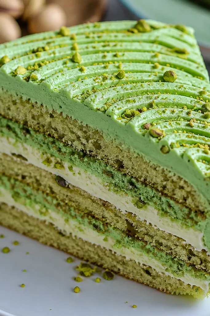 Pistachio cake slice with green ridged frosting and nutty specks