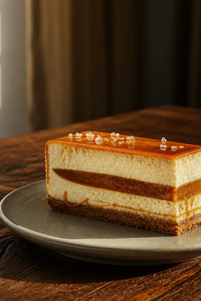 Caramel cake slice with thin caramel threads on top and dark caramel shadow