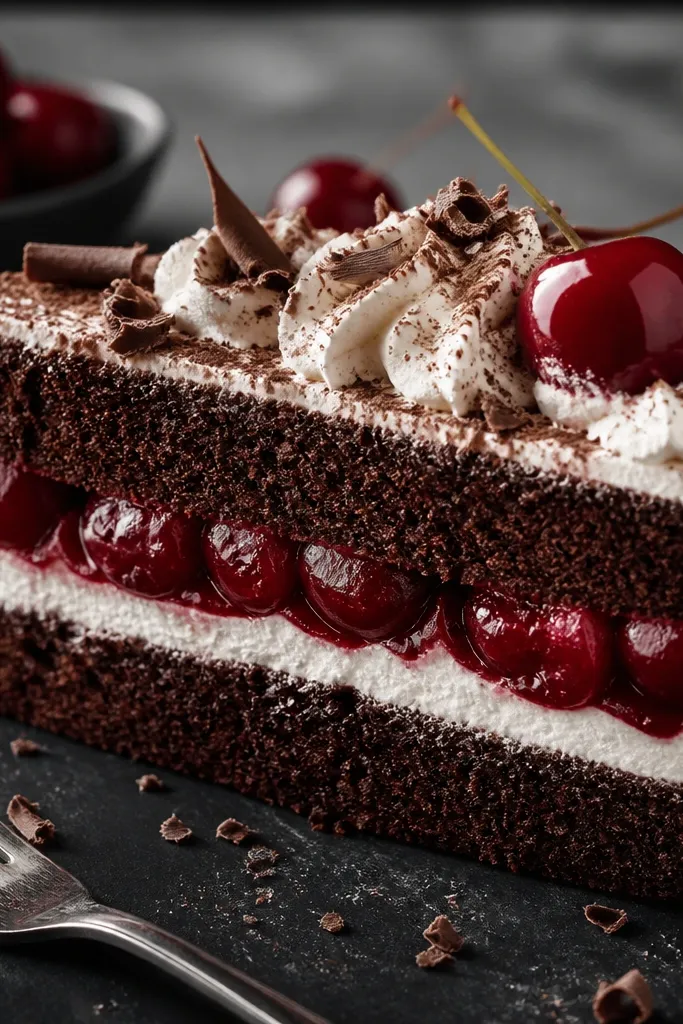 Black forest cake slice with dark cherries and white cream layer