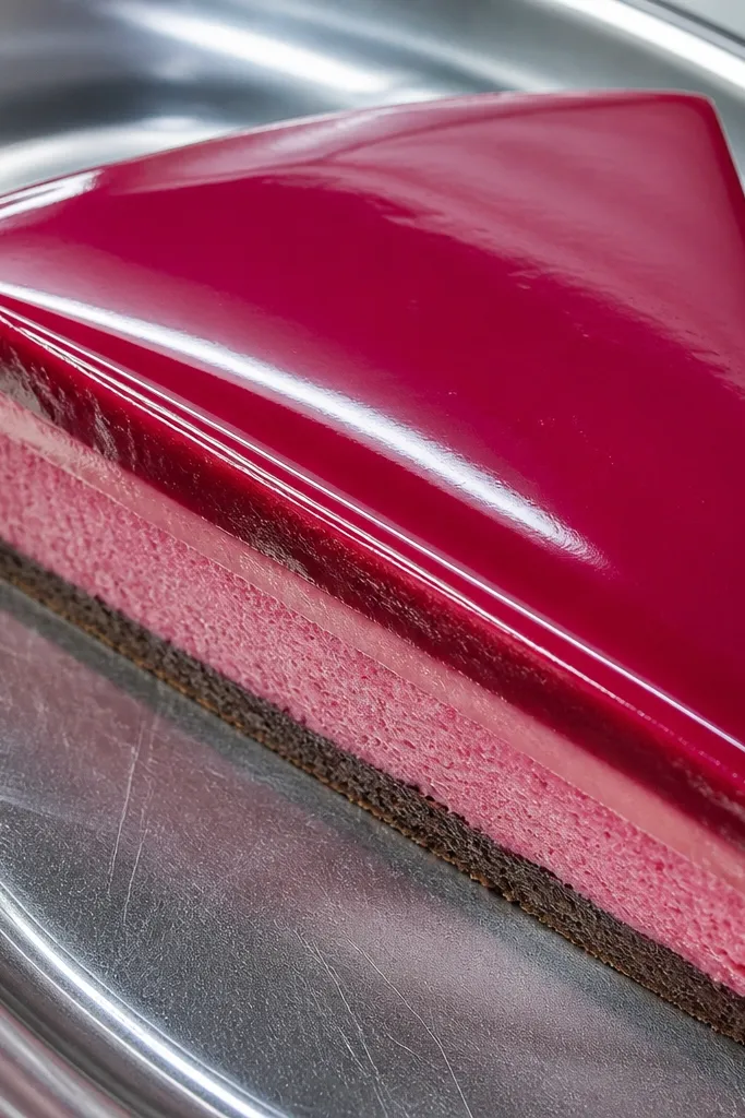 Raspberry mirror glaze cake slice with smooth glossy shine streaks