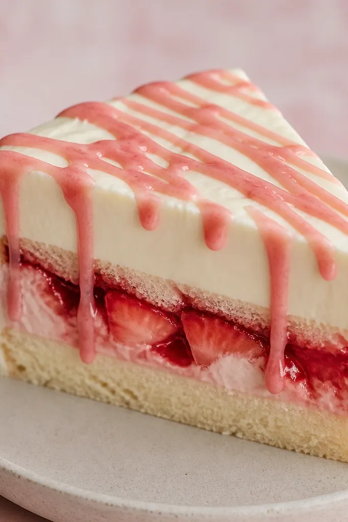 White chocolate slice with strawberry filling and pink drizzle lines