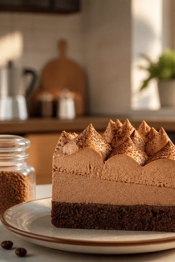 Mocha cake slice with coffee-colored filling and foamy frosting cap