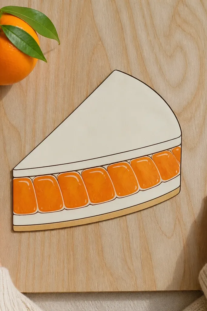 Tangerine cake slice with segmented orange filling and pale cream frosting