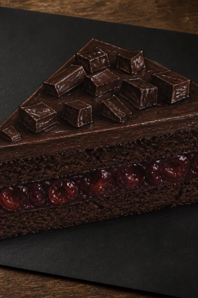 Cherry chocolate cake slice with visible chocolate chunks and glossy cherry pops