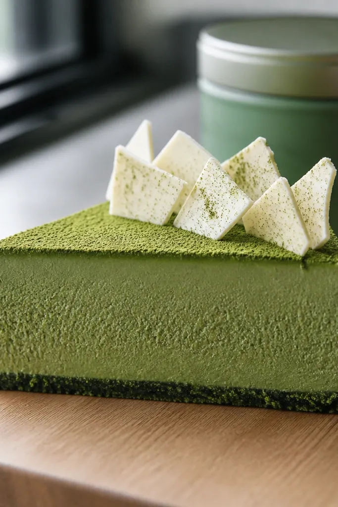 Matcha green slice with white chocolate bark shards on top