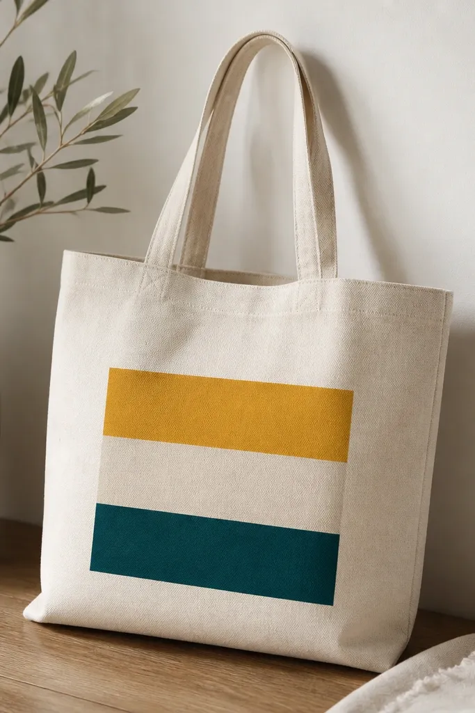 A natural canvas tote with three horizontal stripes: mustard yellow, cream, and deep teal. The tape edges are razor straight, and the stripes sit centered on the front panel.