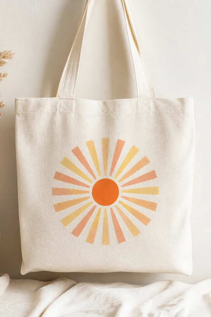 A white canvas tote with a centered sunburst: a small orange circle in the middle and radiating rays in yellow, peach, and light terracotta. Rays are soft-edged like a stamp.