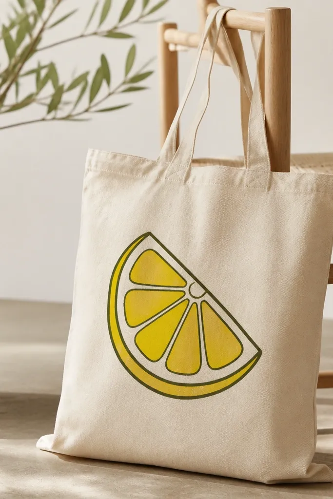 A natural tote with a single lemon slice drawn in bright yellow and outlined in dark olive. The slice has curved segments and a small highlight dot near the rind.