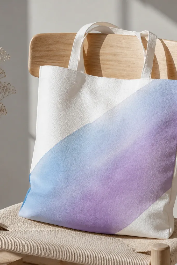 A tote with a diagonal watercolor wash from light blue to lavender. Edges look clean where a masking border frames the wash.