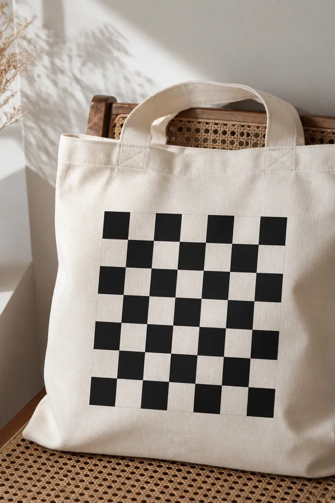 A tote with a centered checkerboard pattern. Squares alternate between black and creamy off-white, with sharp lines and consistent grid spacing.