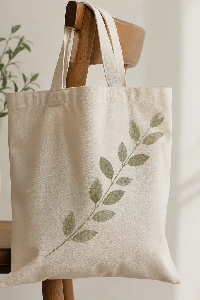 A natural tote with a single diagonal sprig of leaves in muted sage green. Leaves look stamped with a leaf-shaped tool, and stems are clean.