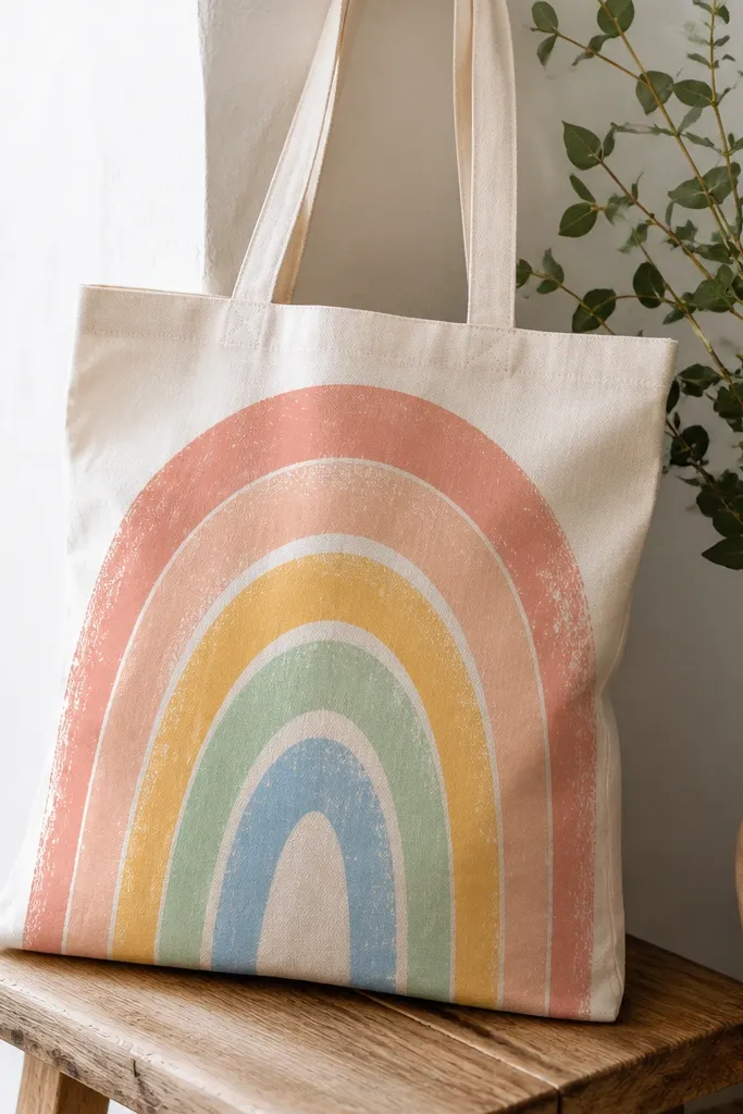 A tote with stacked arches: coral, peach, yellow, mint, and sky blue. The paint has dry-brush texture, so the arches look slightly speckled.