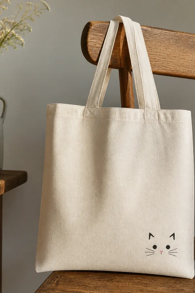 A tote with a small cat face near the bottom right corner. The cat has simple triangle ears, a tiny pink nose, and whisker lines in black.
