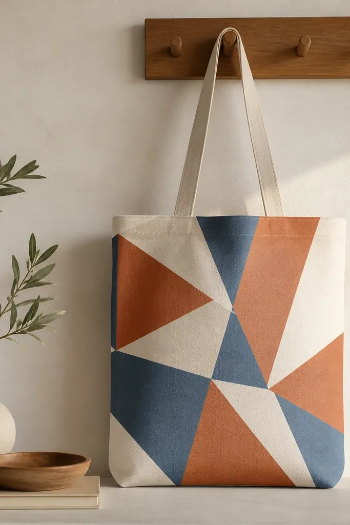 A tote with overlapping triangles in terracotta, cream, and muted blue. Triangles have crisp edges and a slightly matte finish.