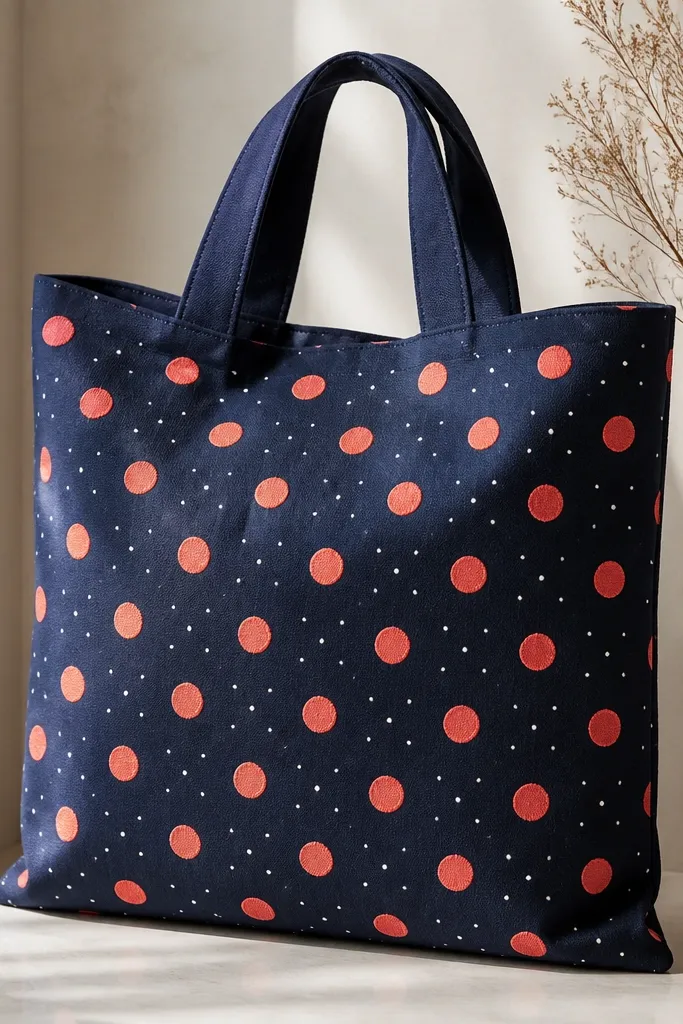 A tote with a neat polka dot grid: small white dots and larger dots in coral spaced evenly. The dots look uniform and slightly raised texture.