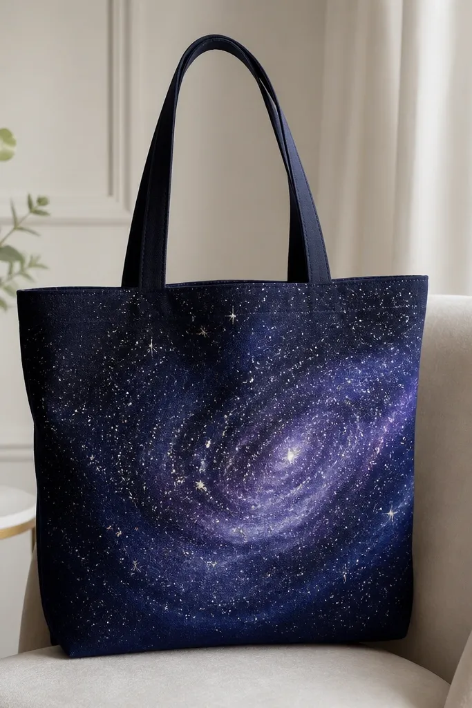 A dark navy tote section with a swirling galaxy in indigo and purple, plus silver and white speckled stars across the front.