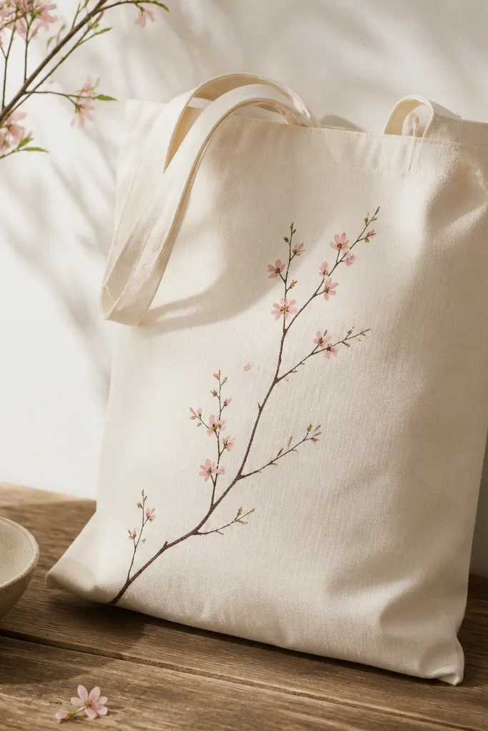 A tote with a thin branch drawn in dark brown, with small pink blossoms and tiny leaf marks. The design is light and airy.