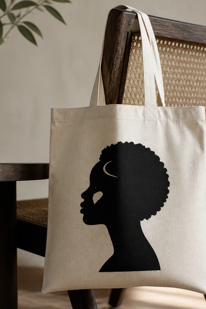 A tote with a black profile silhouette on the front and small white highlight shapes on the cheek and hairline. The background stays natural canvas.