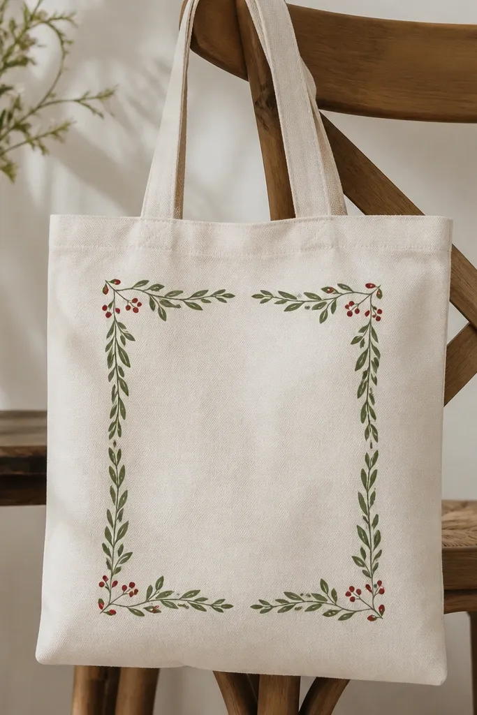 A tote with a rectangular frame around the center design. The frame has small leaf and berry motifs in green and red, with clean corners.
