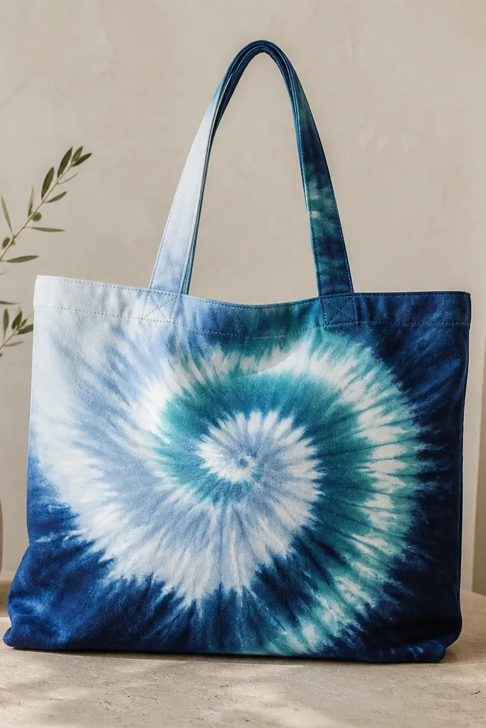 A tote with an ombre swirl: light blue to teal to deep navy spiraling from the center outward, like a painted tie-dye pattern.