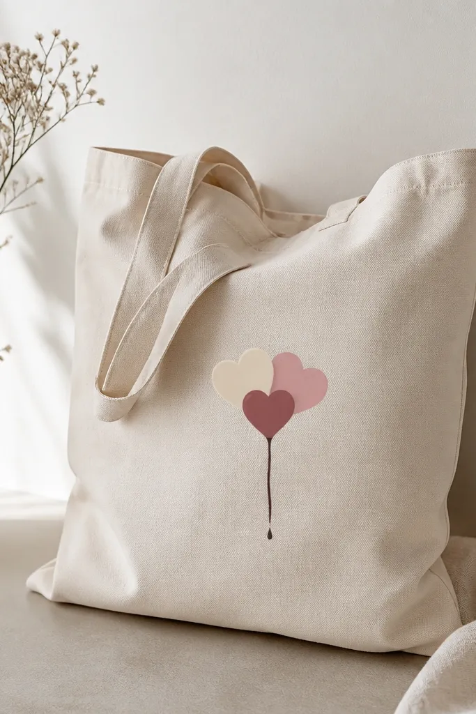 A tote with a small cluster of three hearts in cream, pink, and dusty rose. A thin chocolate-brown drip runs from the bottom of the heart cluster.